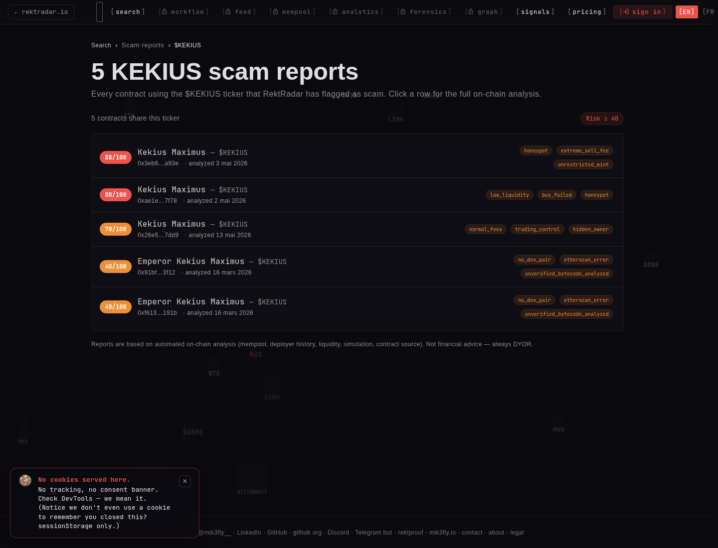 Screenshot of the public /scam/KEKIUS catalog page on app.rektradar.io. The header reads 5 KEKIUS scam reports, with the subtitle Every contract using the KEKIUS ticker that RektRadar has flagged as scam. The page lists five contracts: Kekius Maximus at score 70 with an orange RISK badge, Kekius Maximus at score 80 with a red RISK badge, Kekius Maximus at score 88 red, Emperor Kekius Maximus at score 40 yellow, Emperor Kekius Maximus at score 39 yellow. The hub groups by symbol so the two ETH6900 contracts under the AsteroidPepeNeiroKekiusFloki420 name are not displayed here even though they also reuse the Kekius name.